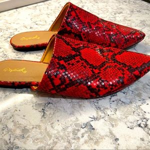 Rare red faux snakeskin mules